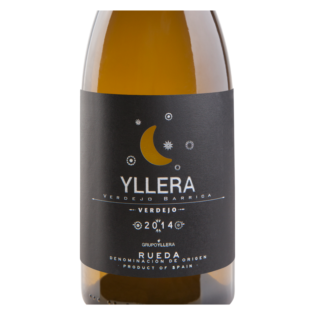 Close-up do rótulo do Yllera Verdejo Fermentado em Barrica, mostrando a uva Verdejo, a origem D.O. Rueda, Espanha, e o volume de 750ml.