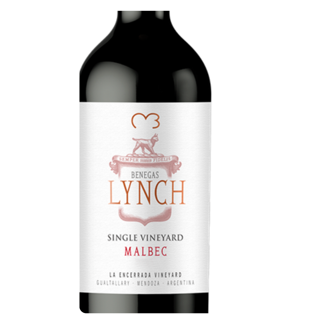 Close-up do rótulo do  Lynch Malbec 2021, mostrando a linha Lynch, a uva Malbec, a safra 2021, a premiação 95 pontos James Suckling e a origem Single Vineyard Gualtallary, Vale do Uco, Mendoza, Argentina.