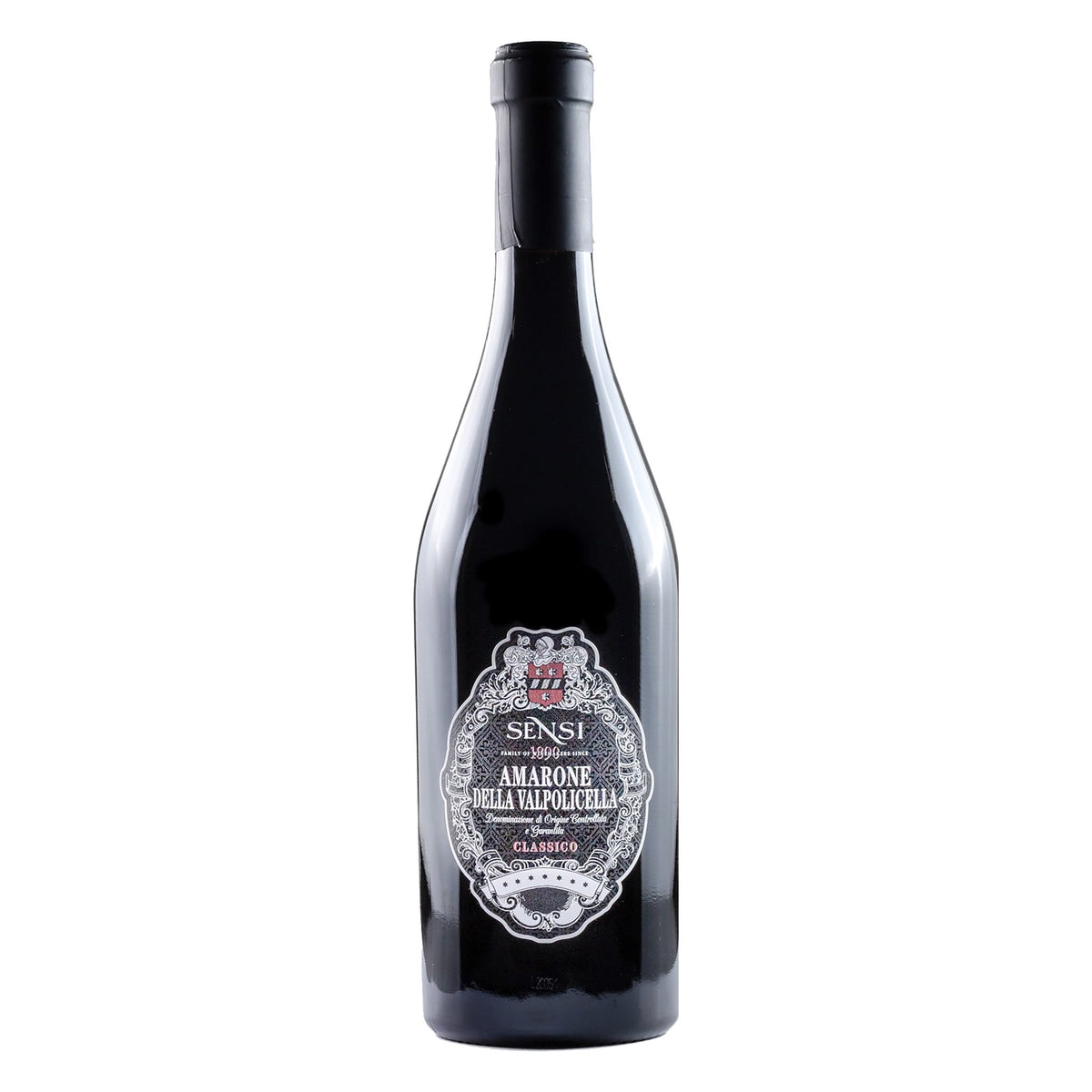 Garrafa de 750 ml do vinho tinto Amarone della Valpolicella Classico DOCG Sensi 2022, elaborado com Corvina e Rondinella na região do Vêneto, Itália, com destaque para o rótulo frontal.