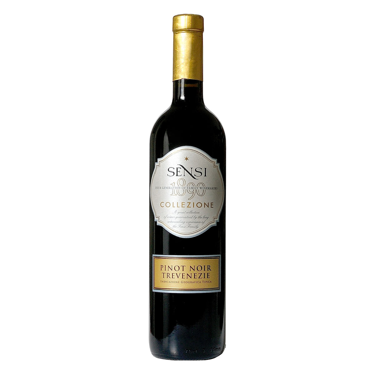 Garrafa de 750 ml do vinho tinto Sensi Collezione Pinot Noir IGT Trevenezie 2020, produzido na Itália, com destaque para o rótulo frontal.