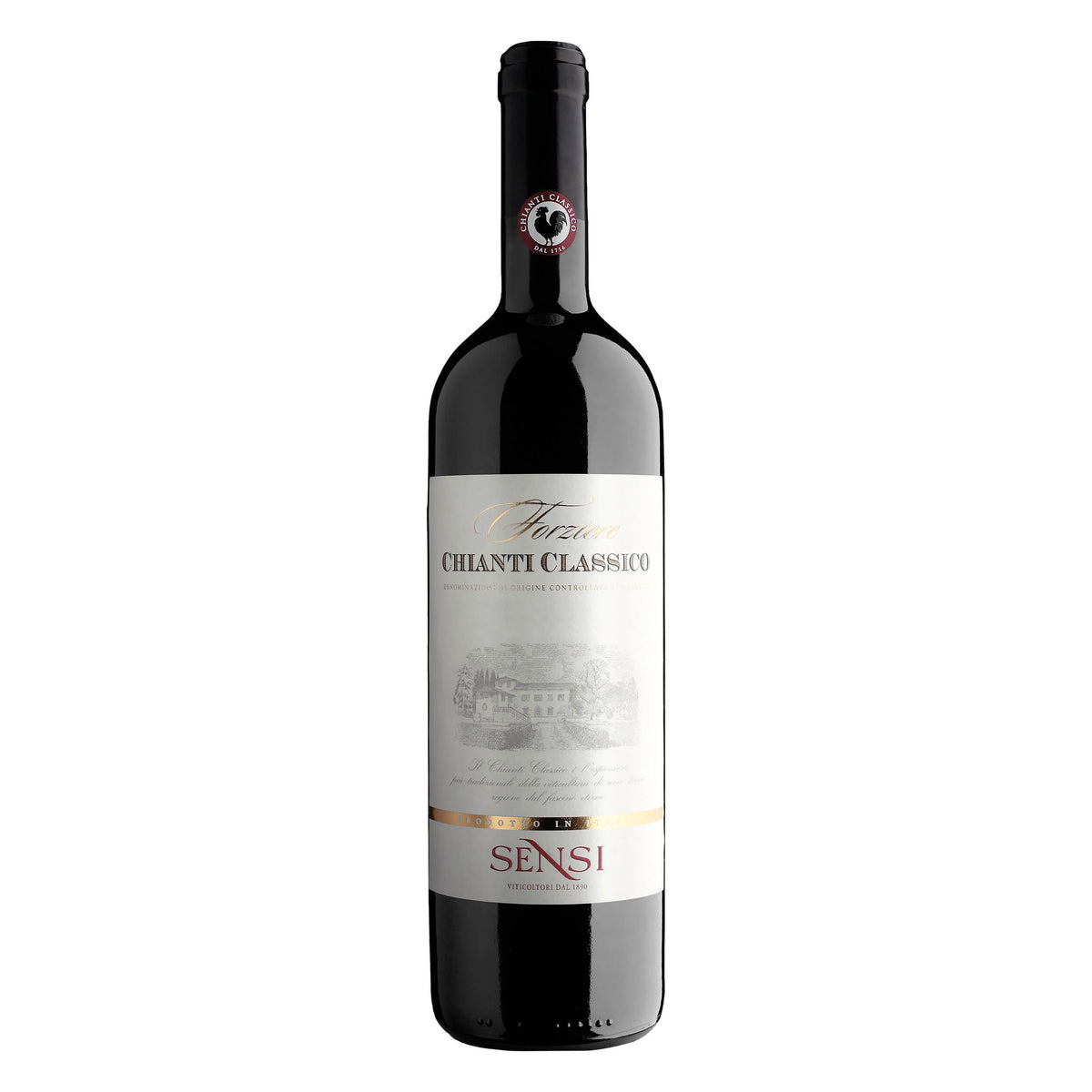 Garrafa de 750 ml do vinho tinto Forziere Chianti Classico DOCG 2019, da Sensi Vini, produzido com predominância de Sangiovese na Toscana, Itália, com destaque para o rótulo frontal.
