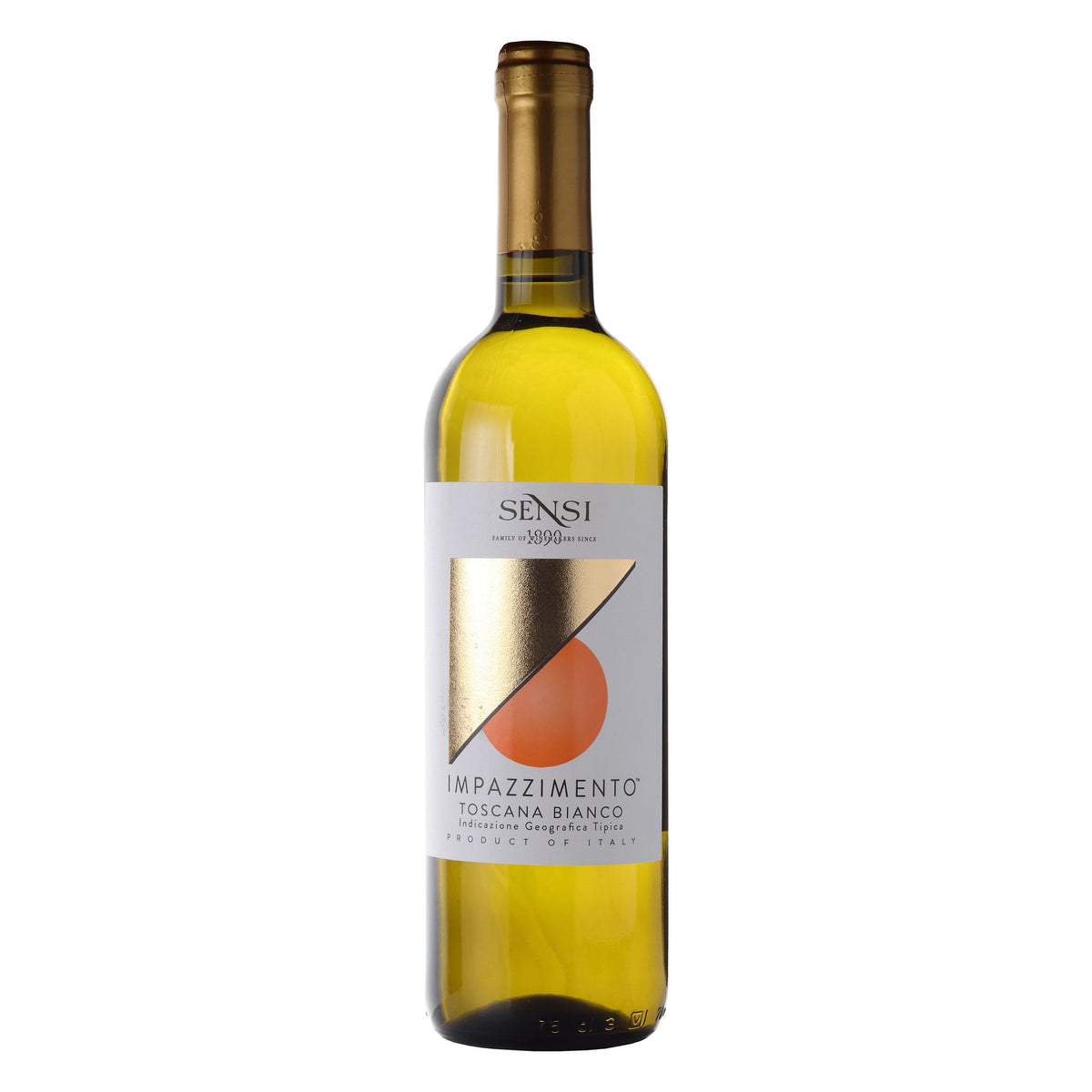 Garrafa de 750 ml do vinho branco Impazzimento Bianco Toscana IGT 2022, da Sensi Vini, produzido na Toscana, Itália, com destaque para o rótulo frontal.