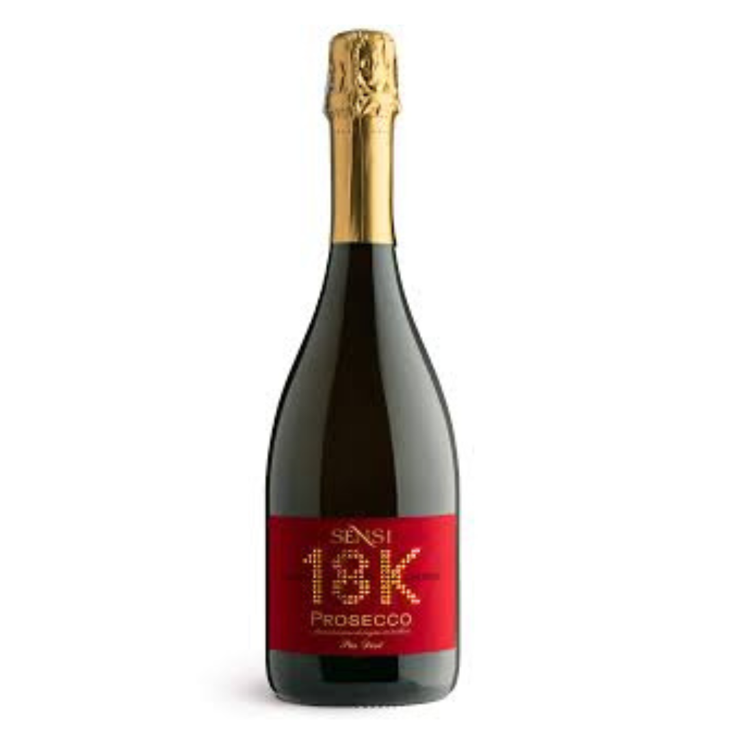 Garrafa do Espumante Sensi 18K Prosecco Pas Dosé Velvet Edition 750ml da Sensi Vini, do Prosecco DOC, Vêneto, Itália, em fundo branco com destaque para o rótulo frontal.