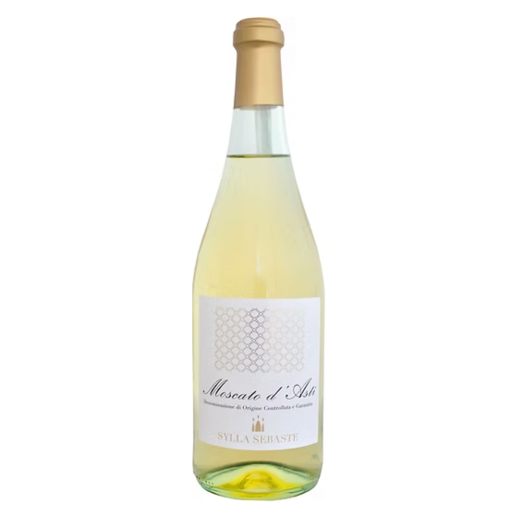 Garrafa do Sylla Sebaste Moscato d'Asti DOCG branco do Piemonte, Itália, destacando o rótulo elegante e a cor amarelo-palha delicada.
