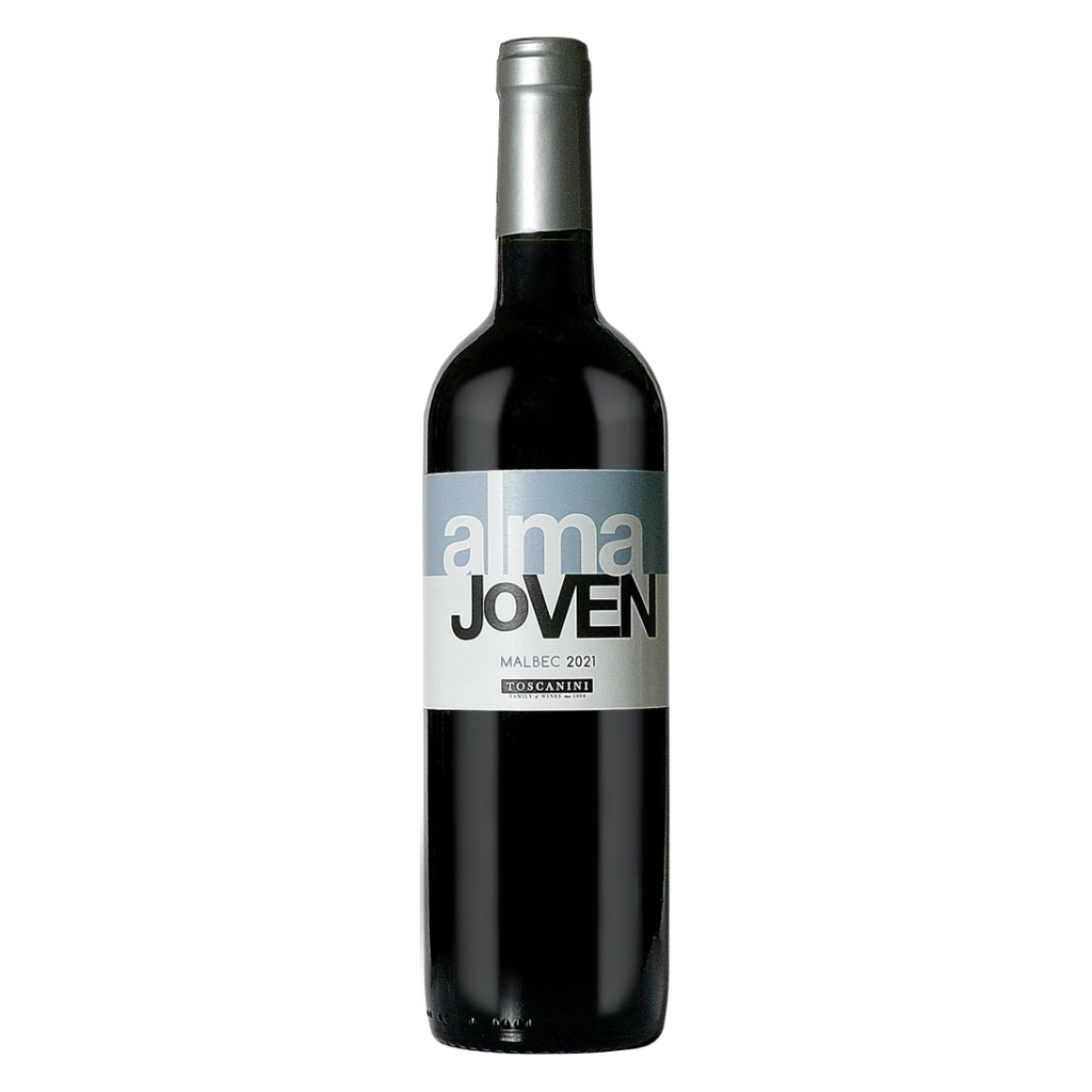 Garrafa do vinho tinto Alma Joven Malbec 2021, 750ml, 100% Malbec, da Bodega Juan Toscanini, região Paso Cuello, Canelones, Uruguai, em fundo branco com destaque para o rótulo frontal.