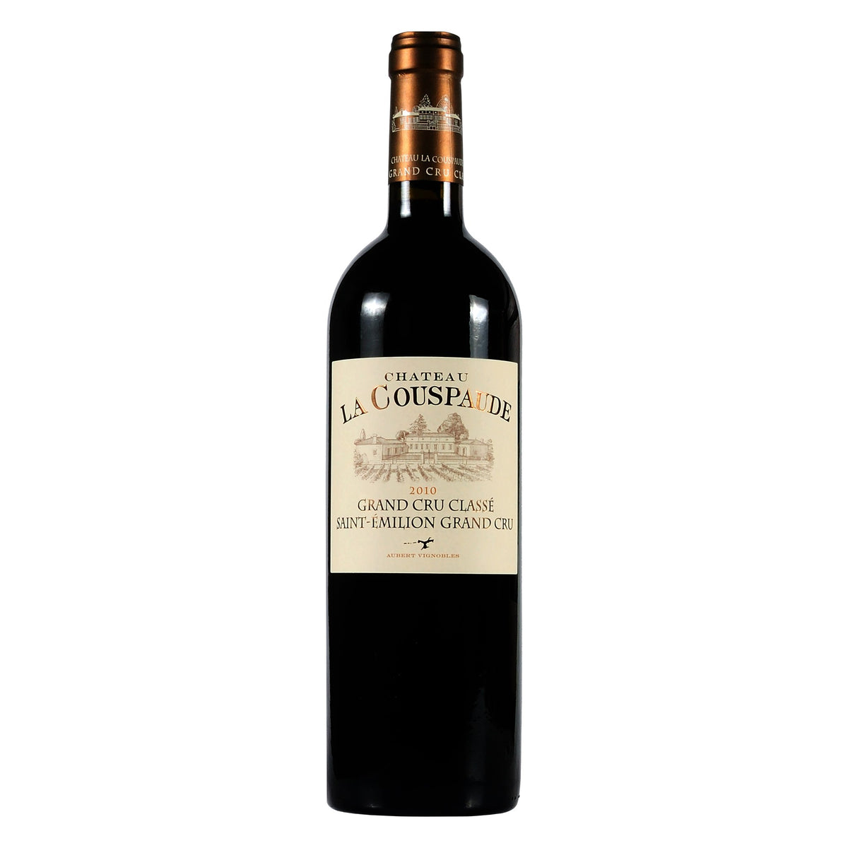 Garrafa de 750 ml do vinho tinto Château La Couspaude Saint-Émilion Grand Cru Classé 2020, produzido pela família Aubert em Bordeaux, França, com destaque para o rótulo frontal.