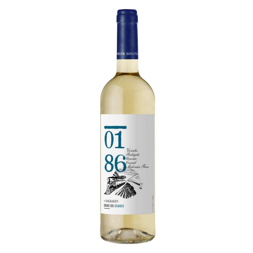 Garrafa do vinho branco português 0186 Sagrado Douro DOC em fundo branco, destacando sua limpidez e brilho.