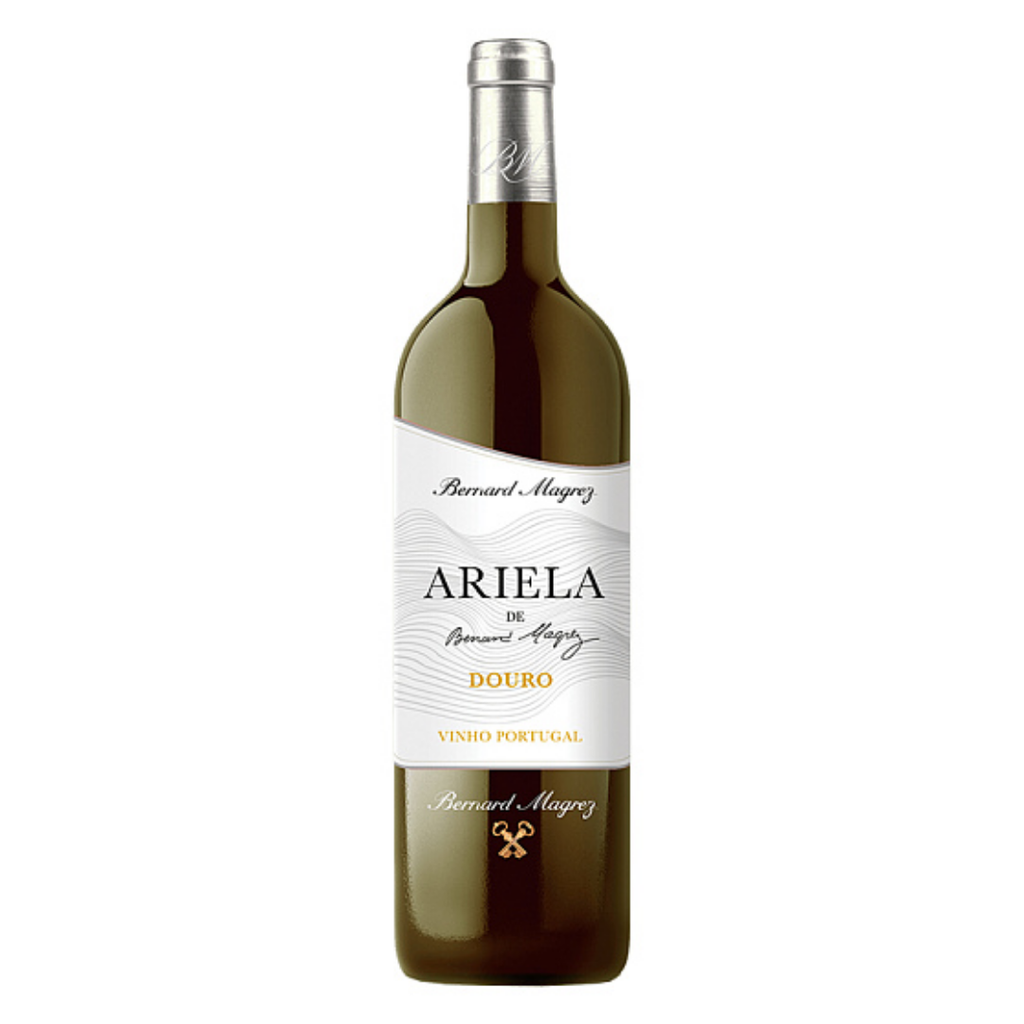 Garrafa do vinho branco Ariela de Bernard Magrez, blend do Douro Portugal, destacando o rótulo elegante e a cor amarelo-palha brilhante.