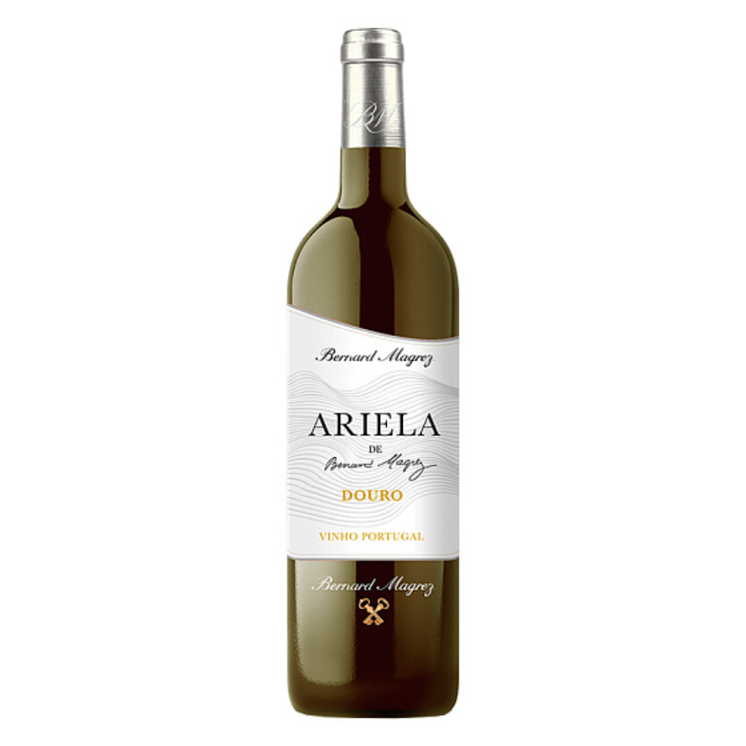 Garrafa do vinho branco Ariela de Bernard Magrez, blend do Douro Portugal, destacando o rótulo elegante e a cor amarelo-palha brilhante.