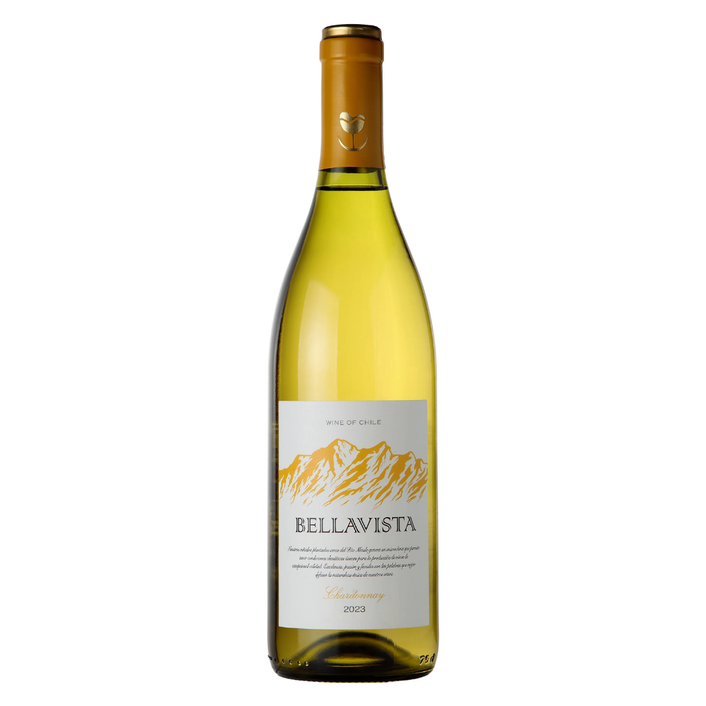 Garrafa do vinho branco chileno Bellavista Chardonnay 750ml em fundo branco, destacando o rótulo frontal e a cor clara.