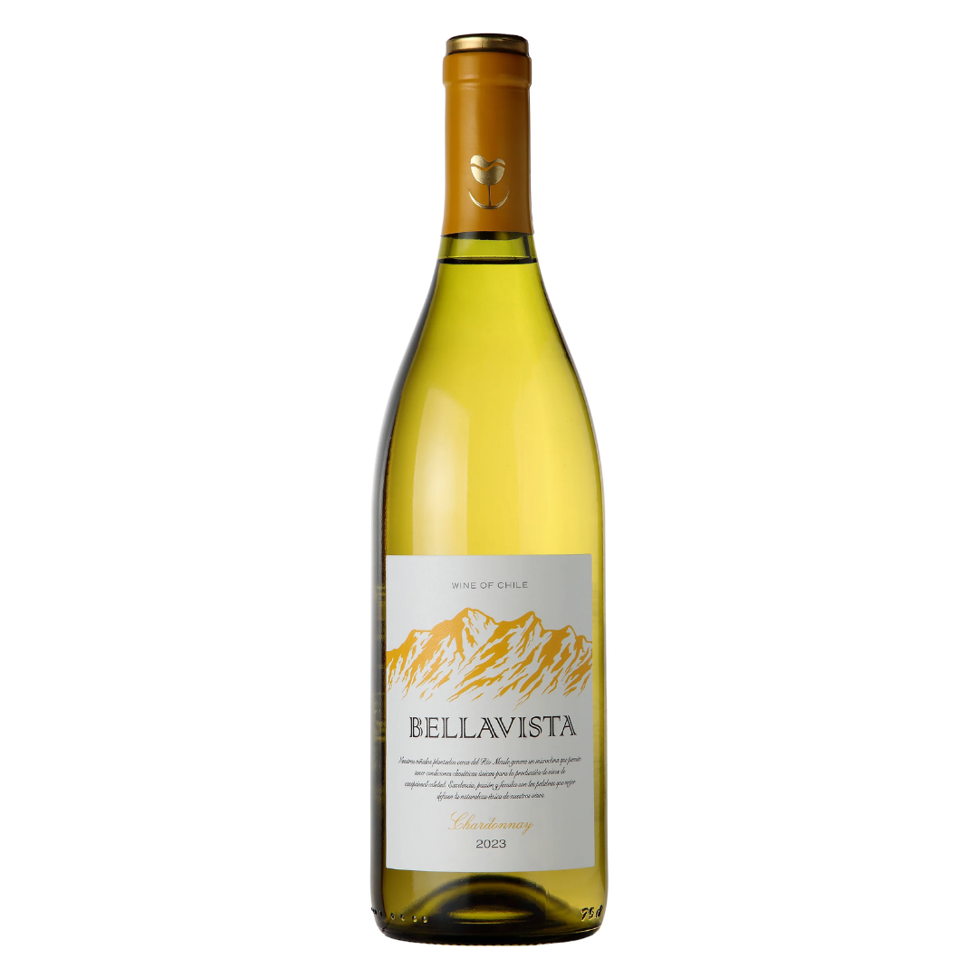 Garrafa do vinho branco chileno Bellavista Chardonnay 750ml em fundo branco, destacando o rótulo frontal e a cor clara.
