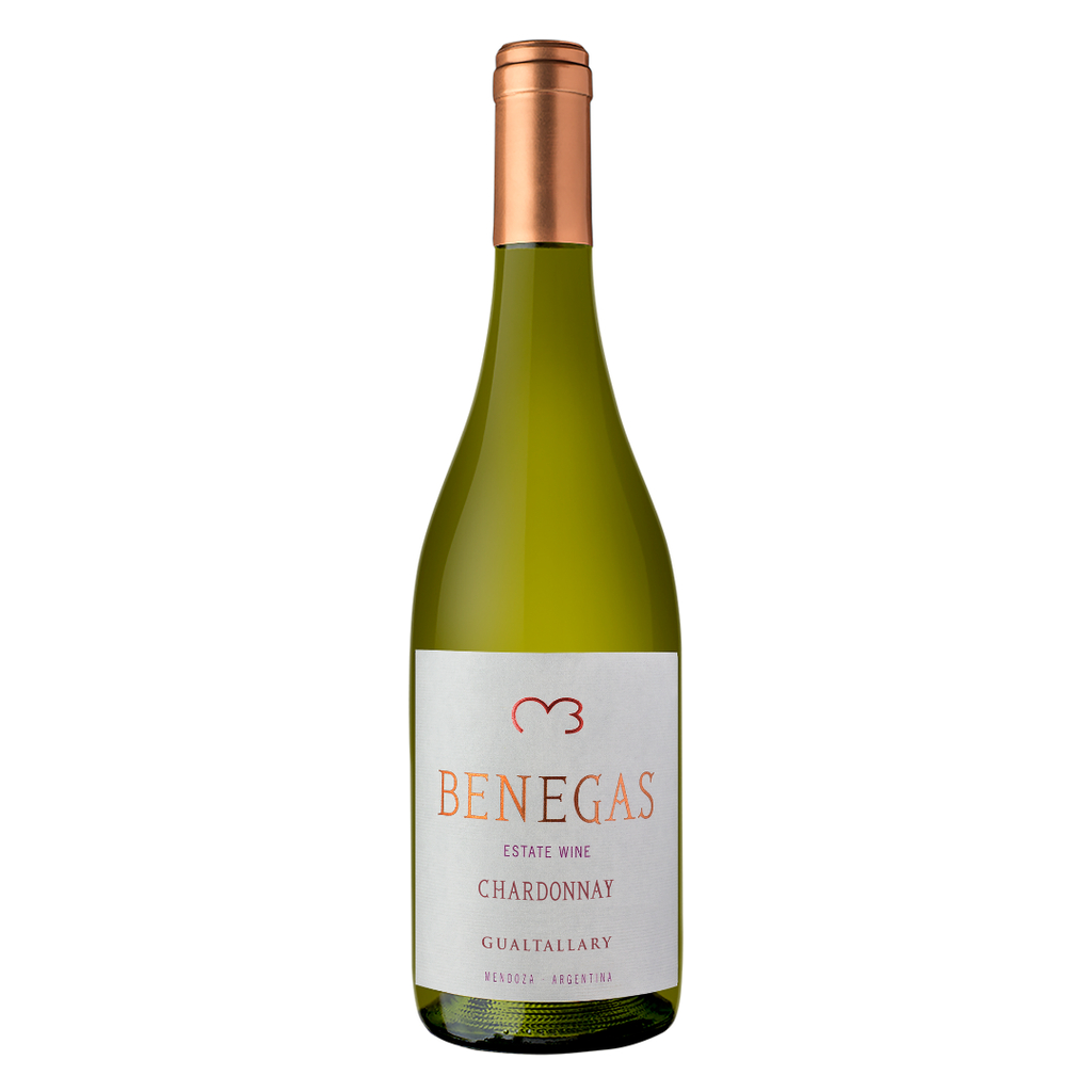 Garrafa do vinho branco argentino Benegas Estate Chardonnay, 100% Chardonnay da Finca La Encerrada a 1.450m de altitude em Gualtallary, Vale do Uco, Mendoza, 94 pontos Descorchados, em fundo branco com destaque para o rótulo frontal.