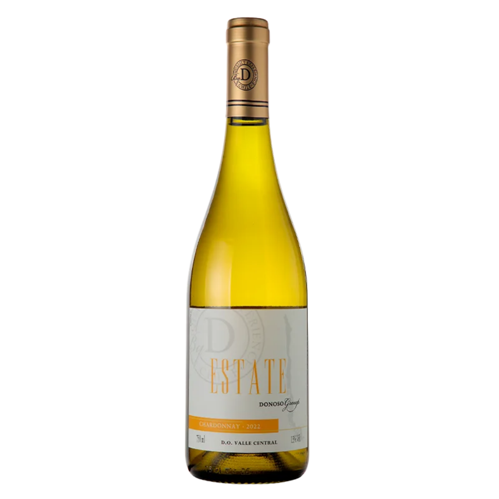 Garrafa do vinho branco chileno Casa Donoso Group Estate Chardonnay 750ml em fundo branco, destacando o rótulo frontal com menção à variedade Chardonnay.