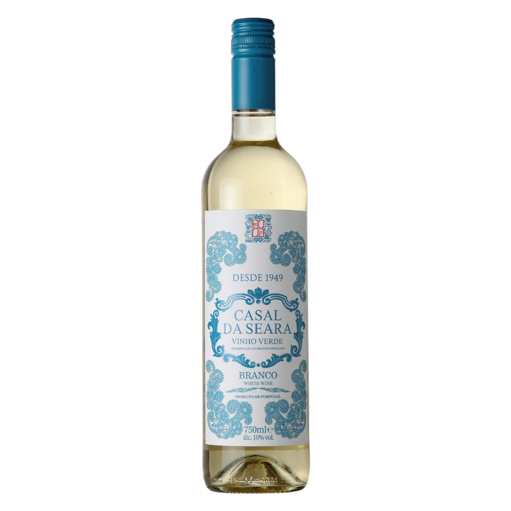 Garrafa do vinho branco português Casal da Seara Verde 750ml em fundo branco, destacando o rótulo frontal com menção à região dos Vinhos Verdes DOC.