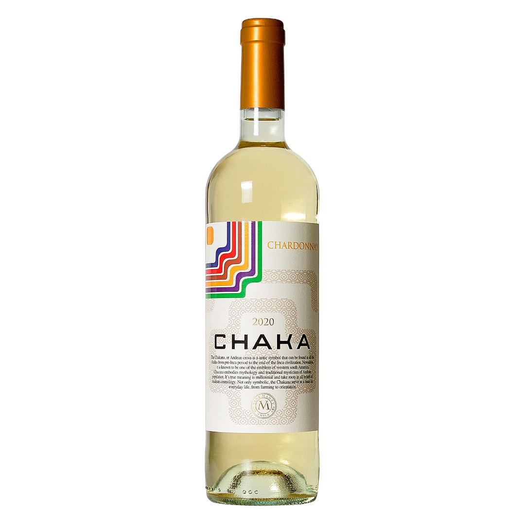 Garrafa do vinho branco chileno Chaka Chardonnay 750ml em fundo claro, destacando o rótulo frontal e a cor amarelo suave do vinho.