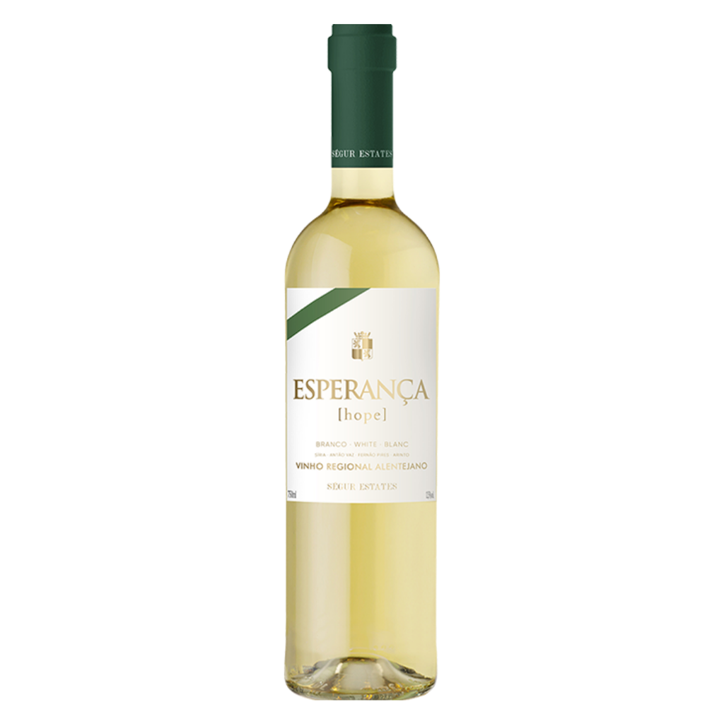 Garrafa do vinho branco português Esperança Regional Alentejo 750ml em fundo branco, destacando o rótulo frontal com menção à região do Alentejo.