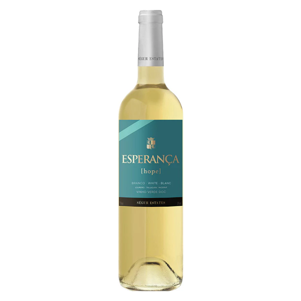 Garrafa do vinho branco português Esperança Vinho Verde DOC 750ml em fundo branco, destacando o rótulo frontal com menção à região do Vinho Verde.