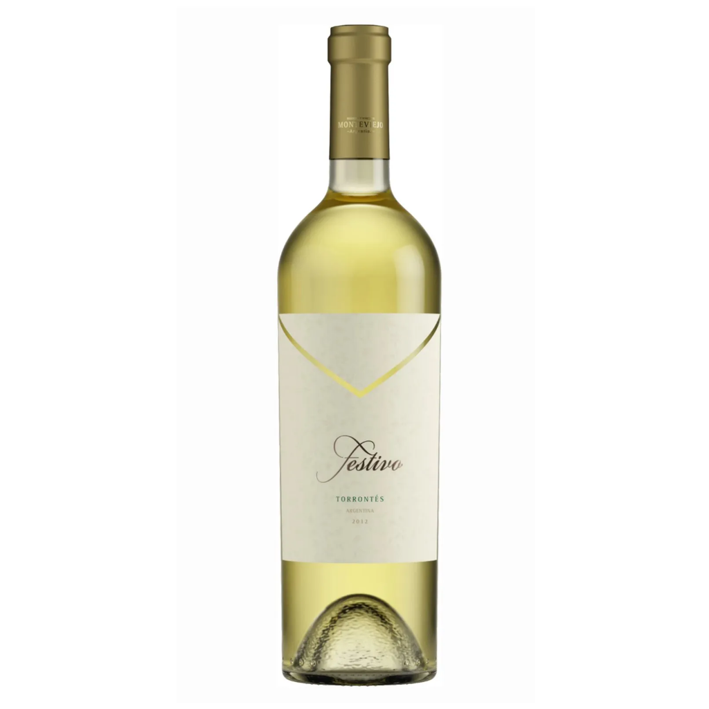 Garrafa do vinho branco argentino Festivo Torrontés 750ml da Bodega Monteviejo em fundo branco, destacando o rótulo frontal com menção à vinícola e à região do Vale do Uco, Mendoza.