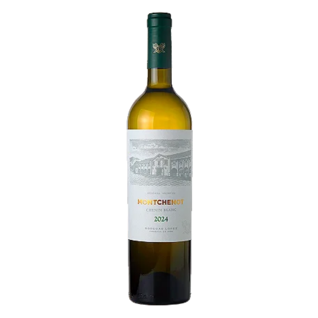 Garrafa do vinho branco argentino Montchenot Chenin Blanc 2024 em fundo branco, destacando o vidro verde e rótulo clássico.