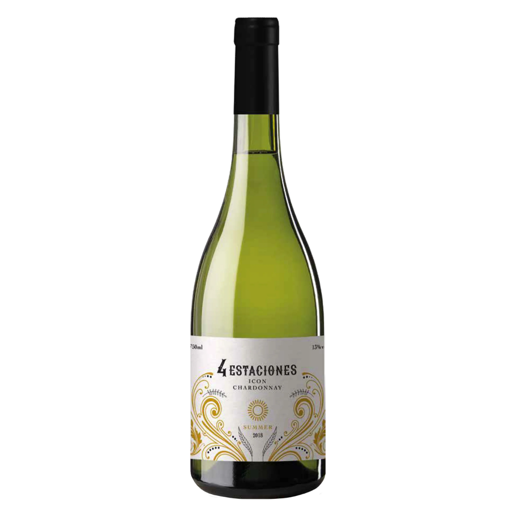 Garrafa do vinho branco argentino Premium Summer 4 Estaciones Chardonnay da Los Haroldos em fundo branco, destacando o rótulo frontal.