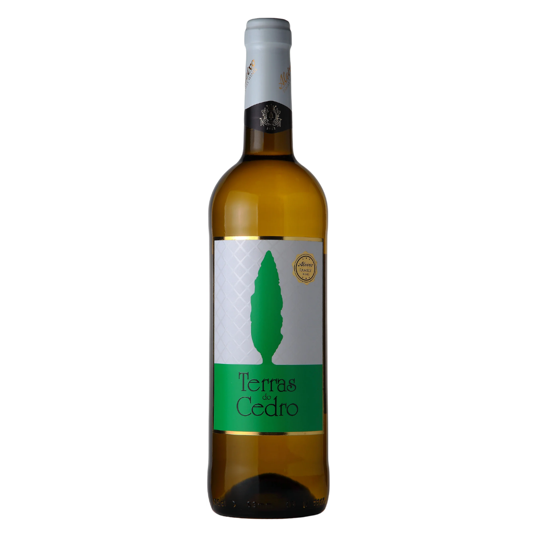 Garrafa do vinho branco português Terras Do Cedro blend Maria Gomes e Bical 750ml em fundo branco, destacando o rótulo frontal e a elegância do design.