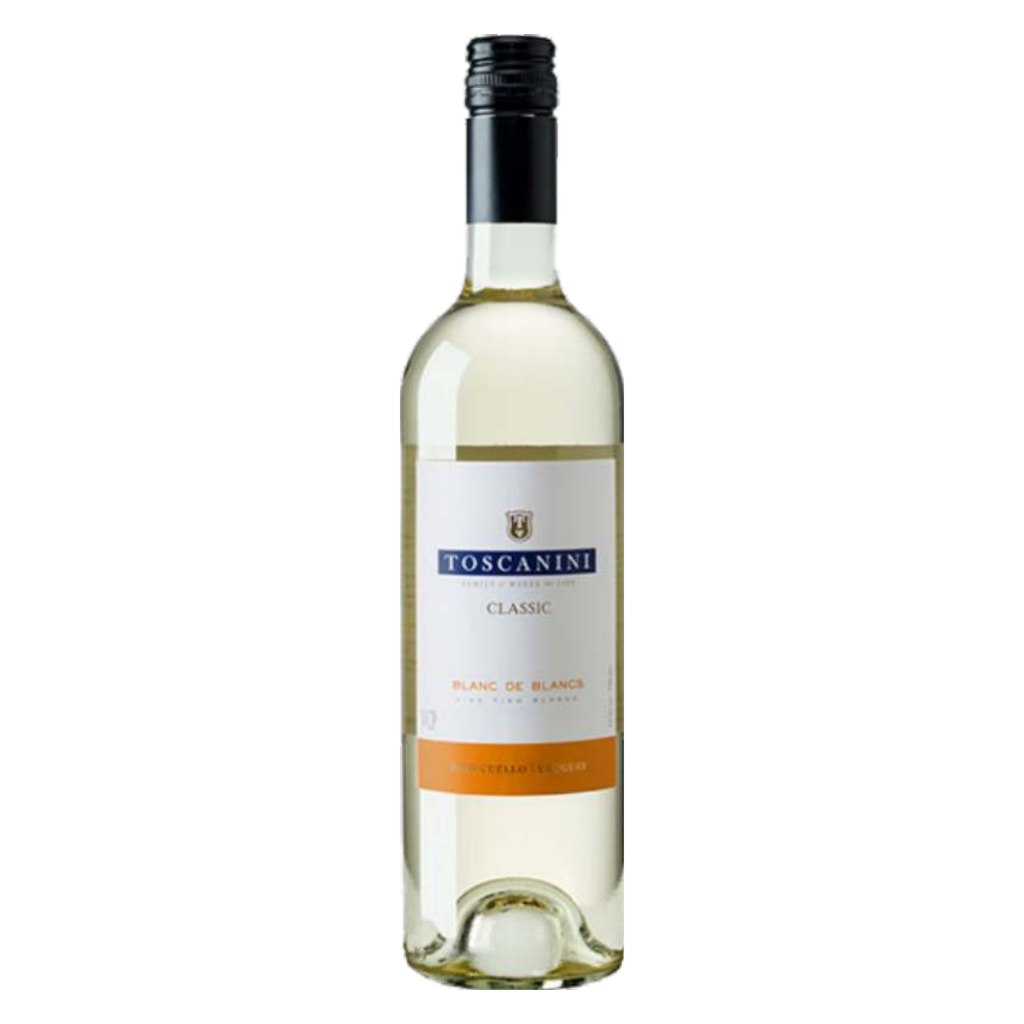 Garrafa do vinho branco uruguaio Toscanini Classic Blanc de Blancs, exibindo sua cor amarela com reflexos esverdeados.