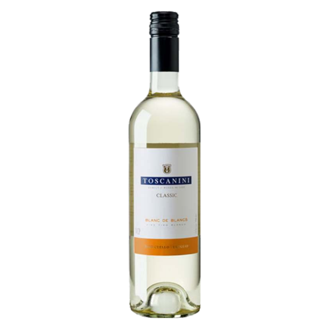 Garrafa do vinho branco uruguaio Toscanini Classic Blanc de Blancs, exibindo sua cor amarela com reflexos esverdeados.