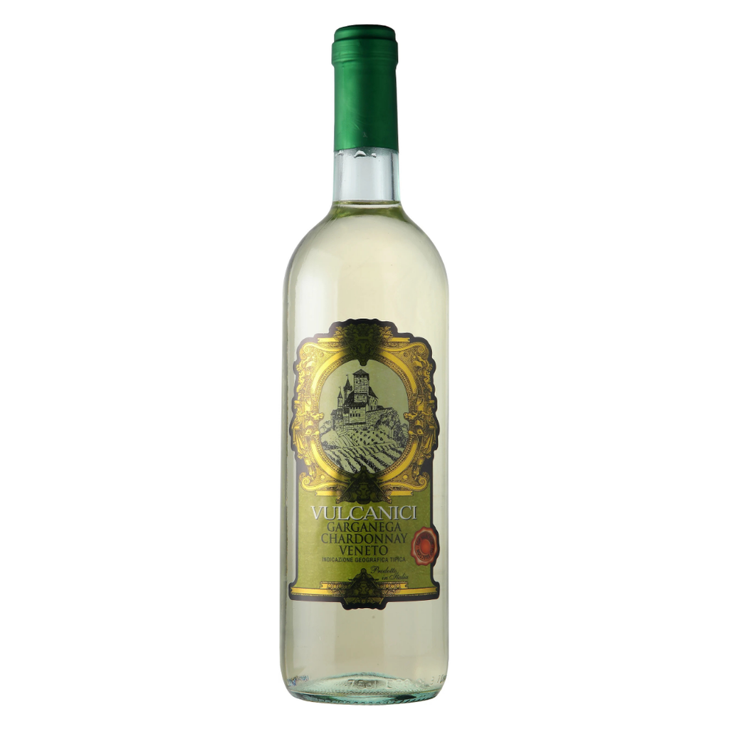 Garrafa do vinho branco italiano Vulcanici Garganega Chardonnay Veneto IGT em fundo branco, destacando o rótulo e a cor clara do vinho.