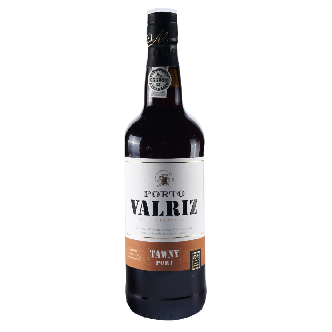Garrafa do Vinho do Porto Valriz Tawny, com sua cor âmbar característica visível através do vidro.