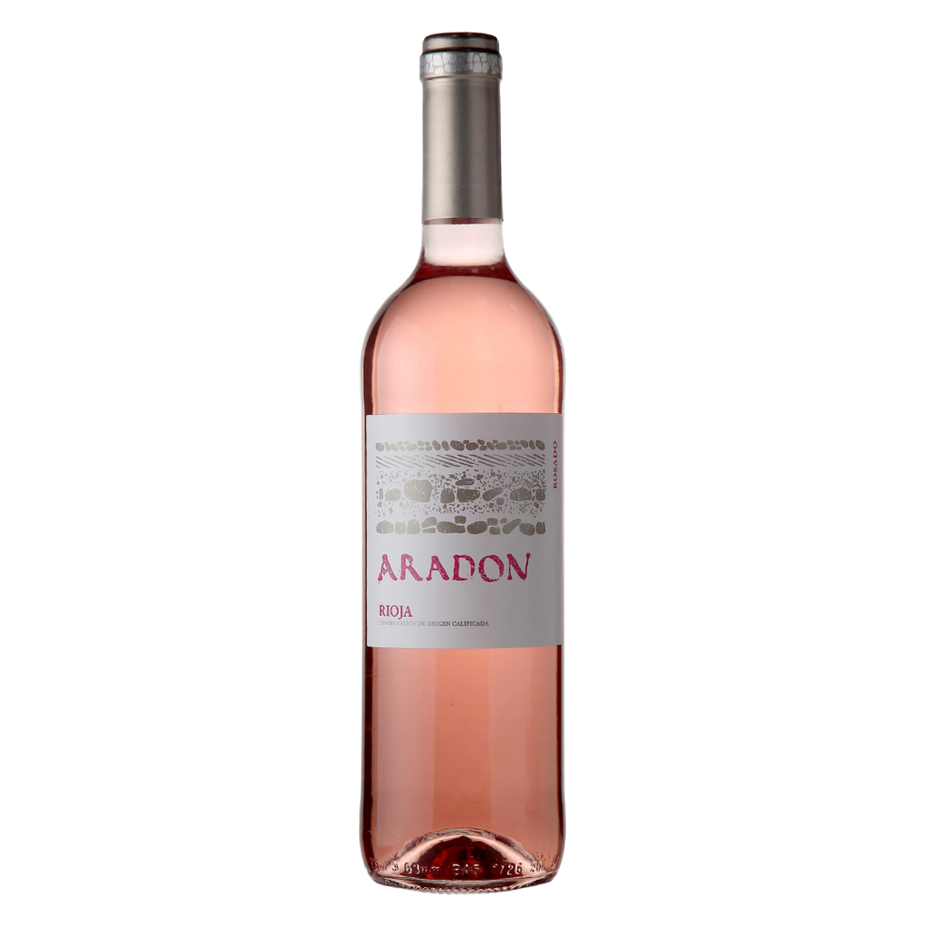 Garrafa do vinho rosé espanhol Aradón Rioja em fundo branco, destacando a cor rosa brilhante e o rótulo minimalista.