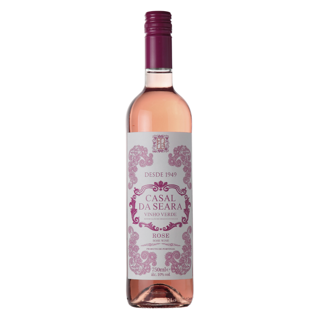 Garrafa do vinho rosé português Casal da Seara Verde 750ml em fundo branco, destacando o rótulo frontal com menção à região dos Vinhos Verdes DOC.