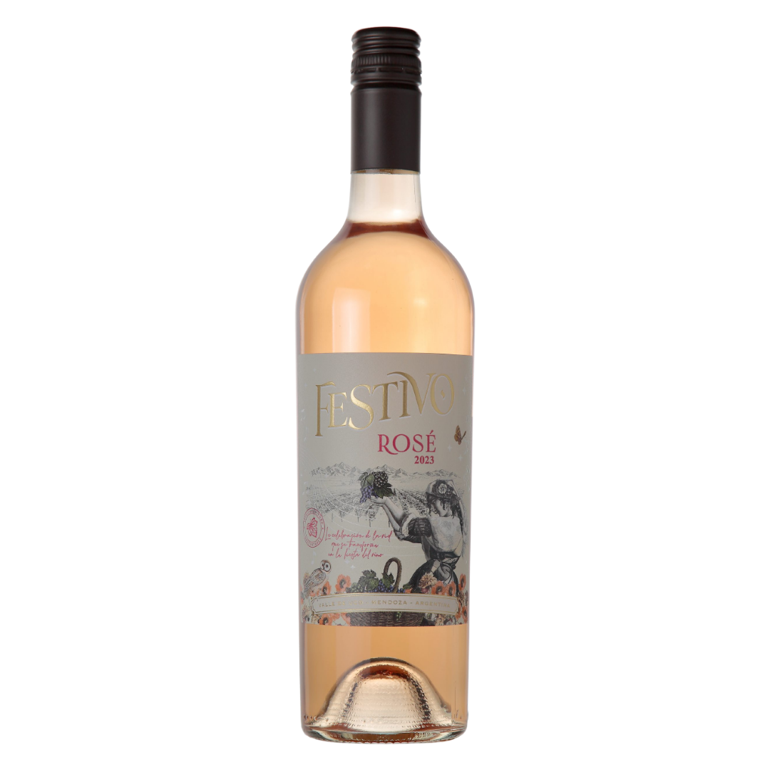 Garrafa do vinho rosé argentino Festivo Malbec 2023 em fundo branco, destacando sua cor rosa claro brilhante.
