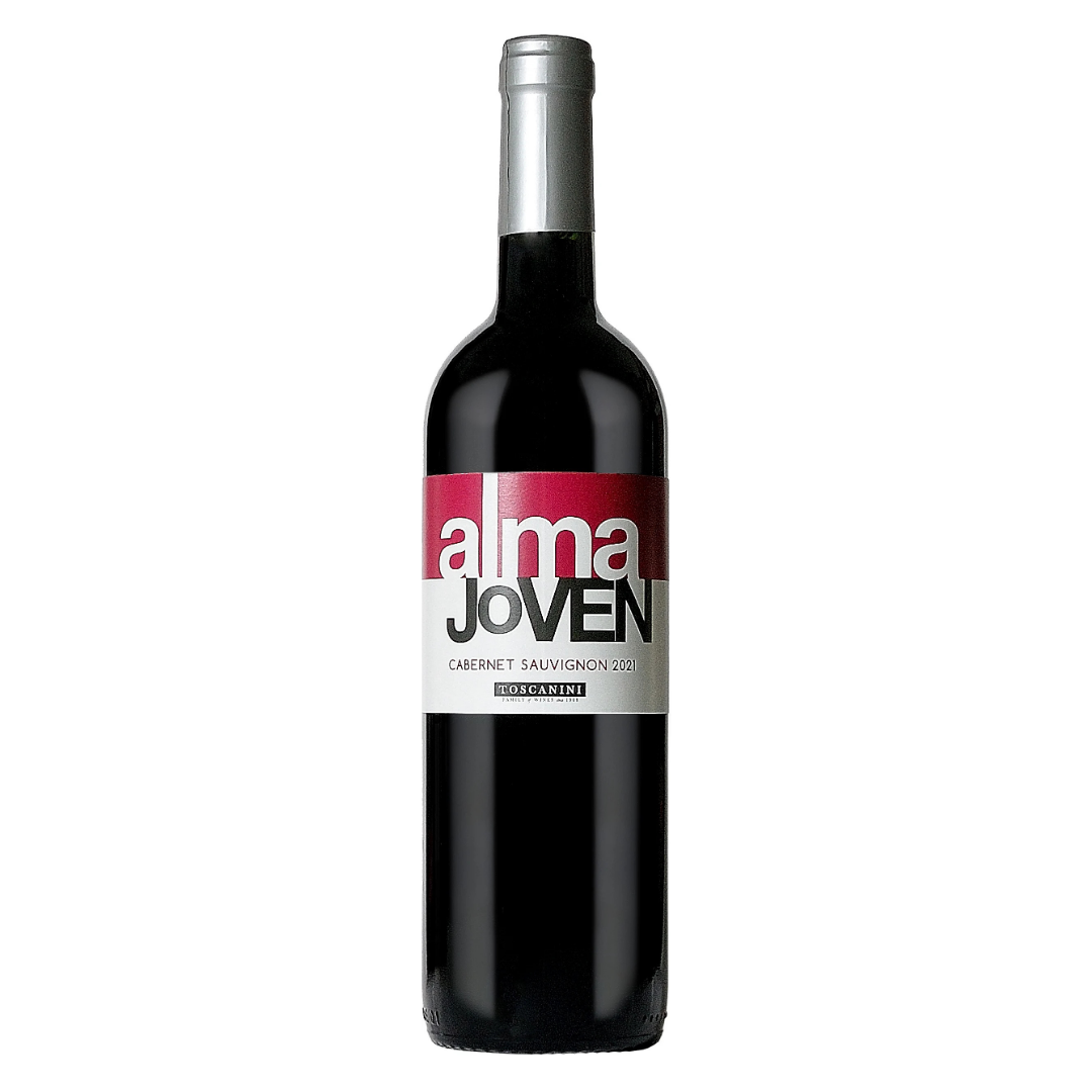 Garrafa do vinho tinto uruguaio Alma Joven Cabernet Sauvignon, com rótulo moderno e limpo.