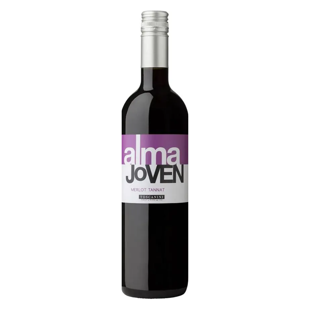 Garrafa do vinho tinto uruguaio Alma Joven Tannat-Merlot 750ml em fundo branco, destacando o rótulo frontal com menção à Bodega Juan Toscanini e à região de Paso Cuello.