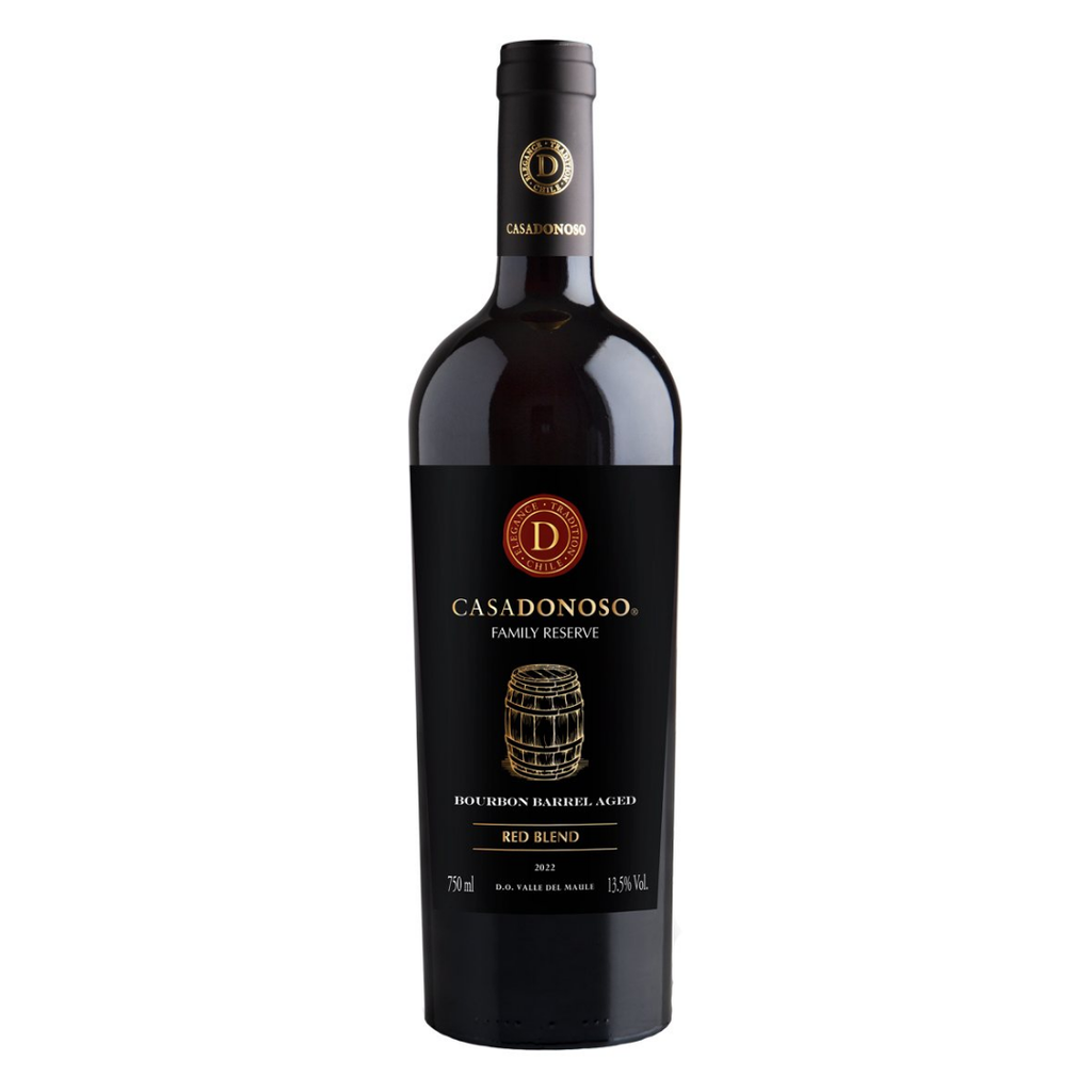 Garrafa do vinho tinto chileno Casa Donoso Bourbon Barrel Aged Cabernet Sauvignon 750ml em fundo branco, destacando o rótulo frontal com menção ao envelhecimento em barricas de Bourbon.
