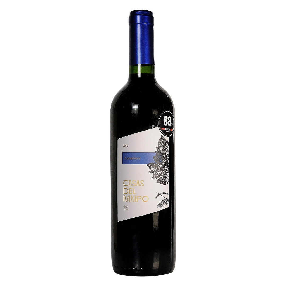 Garrafa do vinho tinto chileno Casas Del Maipo Carménère 750 ml em fundo branco, destacando o rótulo frontal.