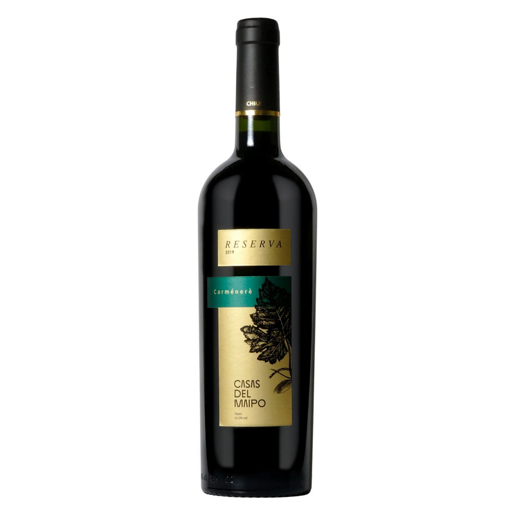 Garrafa do vinho tinto chileno Casas Del Maipo Reserva Carmenere em fundo branco, destacando o rótulo frontal