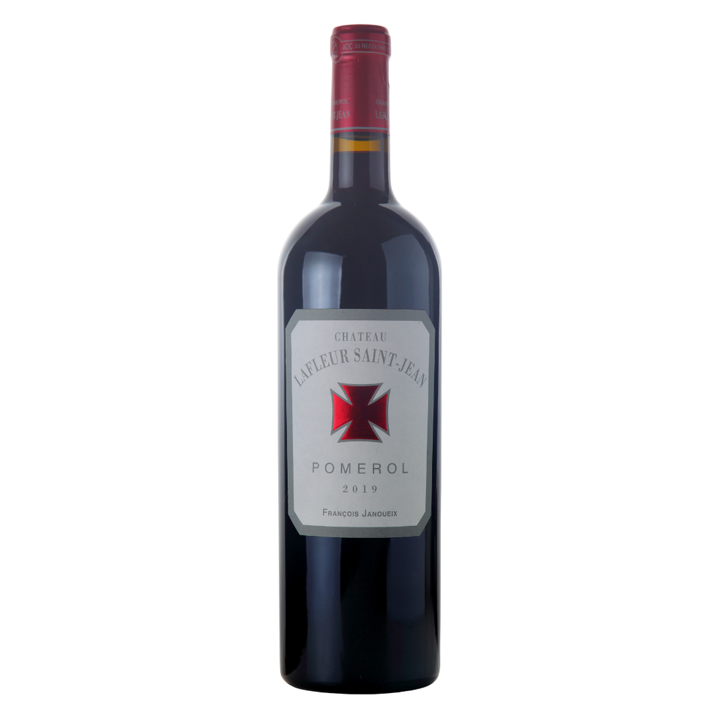 Garrafa do vinho tinto francês Château Lafleur Saint-Jean Pomerol 2019, 95% Merlot e 5% Cabernet Franc, em fundo branco com destaque para o rótulo frontal.