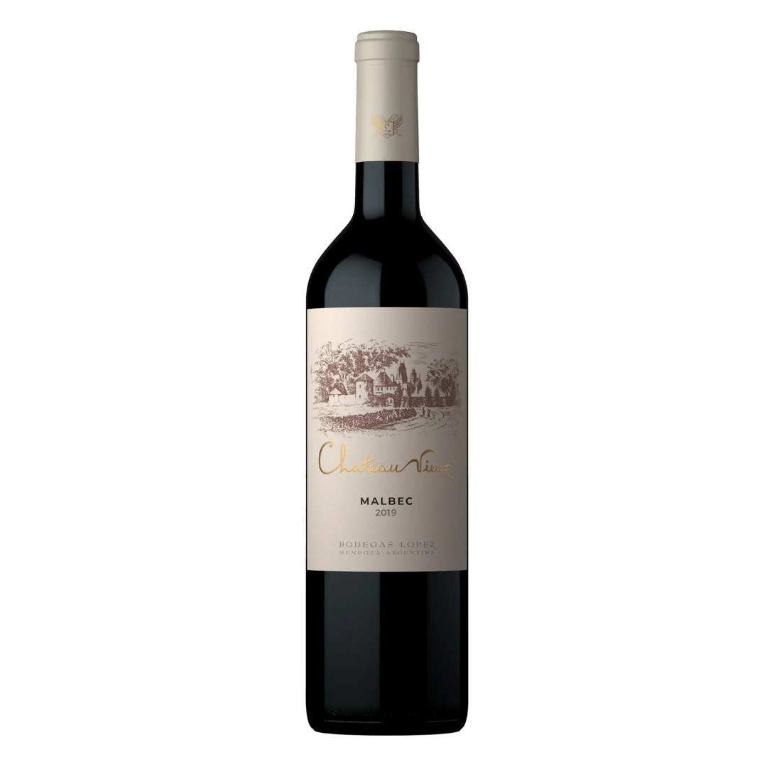 Garrafa do vinho tinto Chateau Vieux Gran Reserva Malbec 2021 em fundo branco, destacando o design clássico do rótulo da Bodega López.