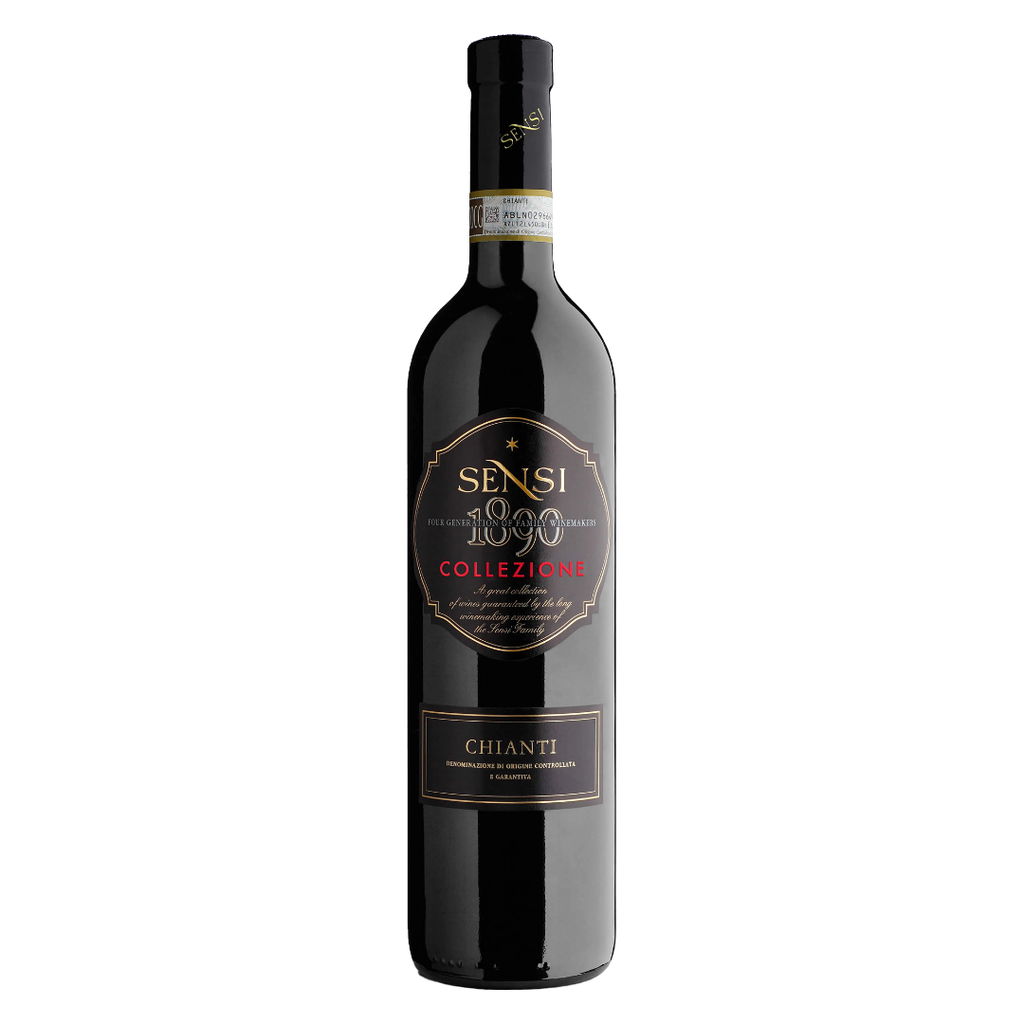 Garrafa do vinho tinto italiano Chianti DOCG Collezione Sangiovese 750 ml da Sensi Winemakers em fundo branco, destacando o rótulo frontal.