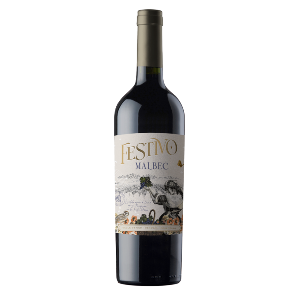 Garrafa do vinho tinto argentino Festivo Malbec 750 ml da Bodega Monteviejo em fundo branco, destacando o rótulo frontal.