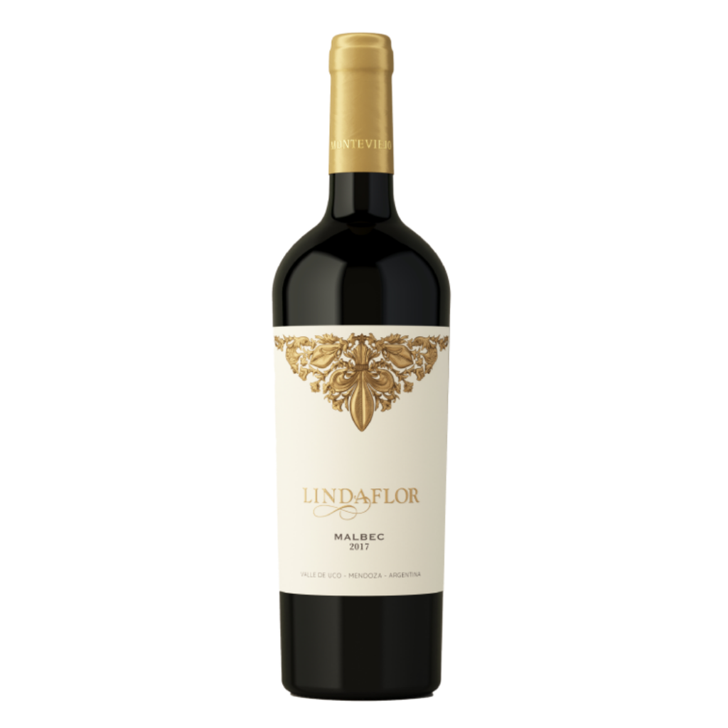 Garrafa imponente do vinho tinto premium Lindaflor Malbec, com seu rótulo clássico e elegante.