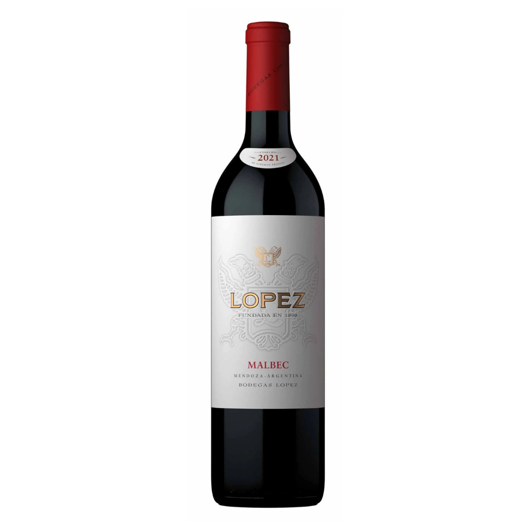 Garrafa do vinho tinto López Malbec safra 2024 em fundo branco, destacando o rótulo clássico da marca.