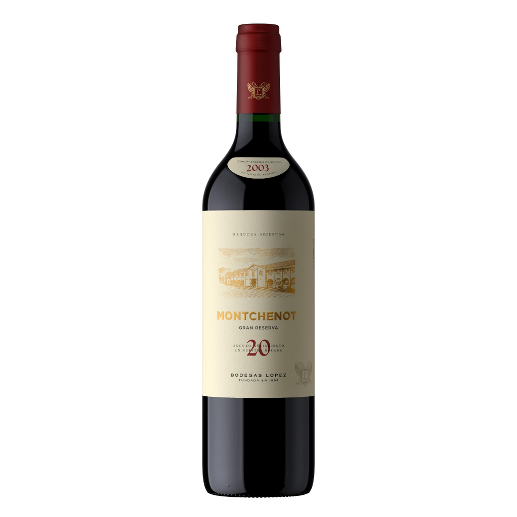 Garrafa do vinho tinto argentino Montchenot Gran Reserva 20 Años safra 2004, com rótulo clássico laranja e dourado.