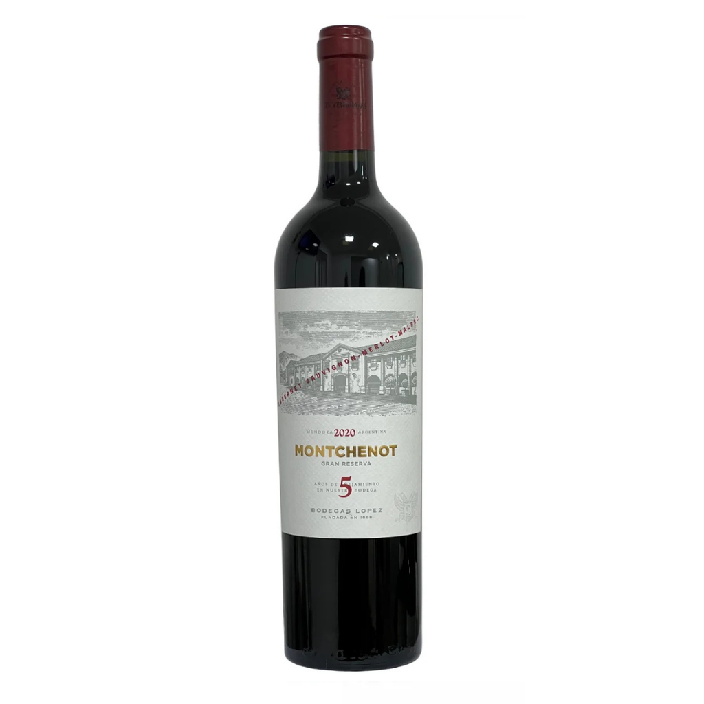 Garrafa do vinho tinto argentino Montchenot Gran Reserva 5 Años safra 2020 em fundo branco, destacando o rótulo clássico da Bodega López.