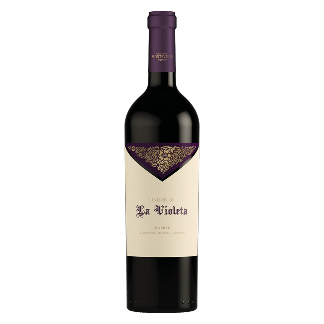 Garrafa do vinho tinto argentino Monteviejo Lindaflor La Violeta 100% Malbec 2012, produzido no Vale de Uco, Mendoza, em fundo branco com destaque para o rótulo frontal.