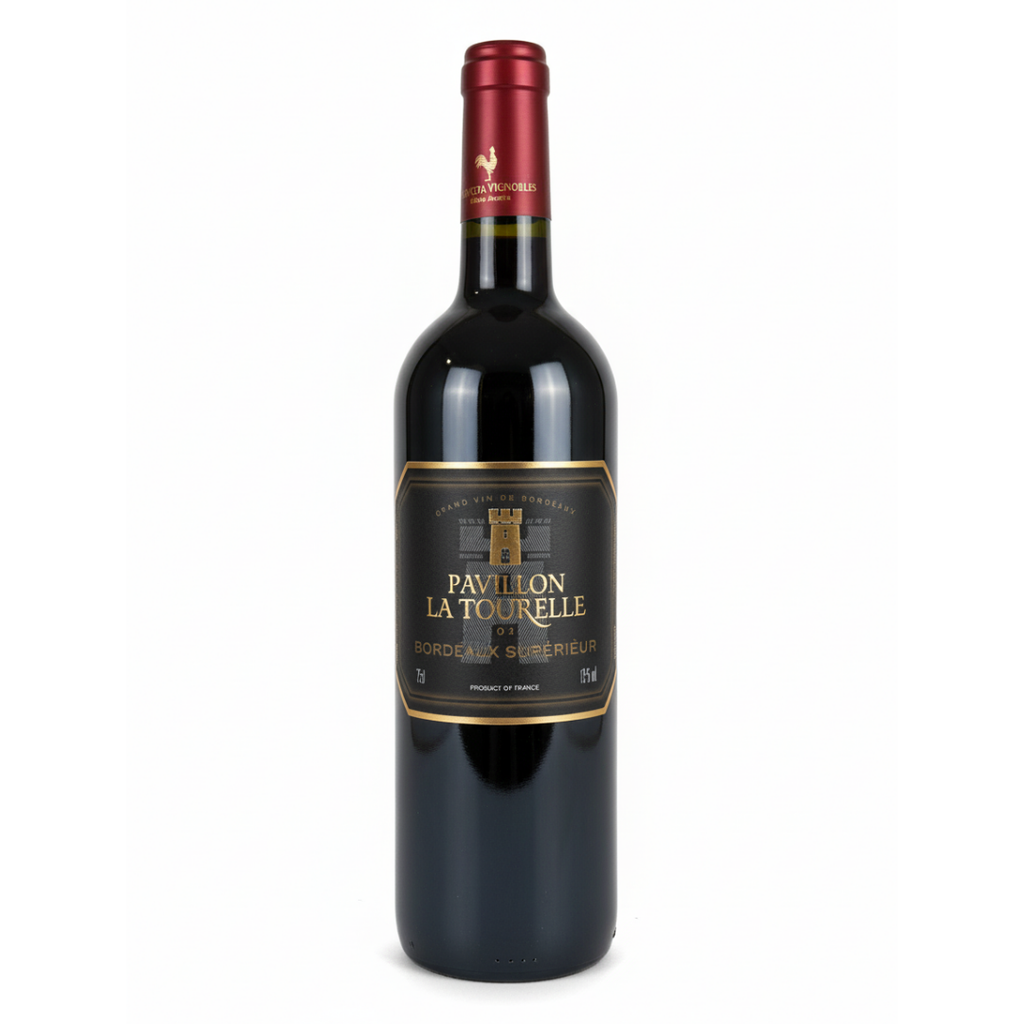 Garrafa do vinho tinto francês Pavillon La Tourelle Bordeaux Supérieur 2019 em fundo branco, exibindo o rótulo clássico.