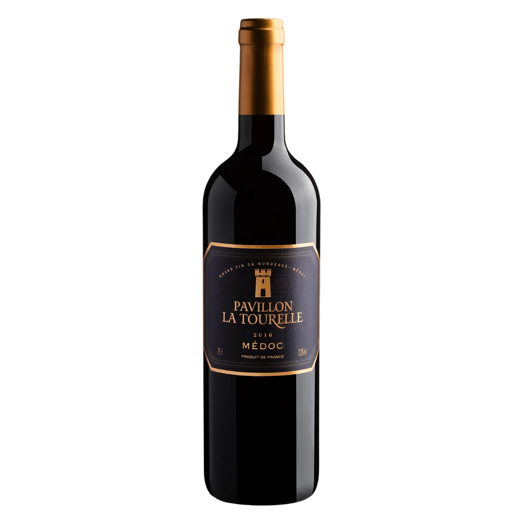 Garrafa do vinho tinto francês Pavillon La Tourelle AOC Médoc, blend de Merlot e Cabernet Sauvignon, em fundo branco, destacando o rótulo com símbolo da torre.