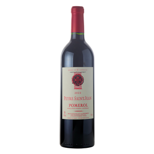 Garrafa do vinho tinto francês François Janoueix Peyre Saint-Jean Pomerol 2022, produzido na appellation Pomerol, Bordeaux, em fundo branco com destaque para o rótulo frontal.