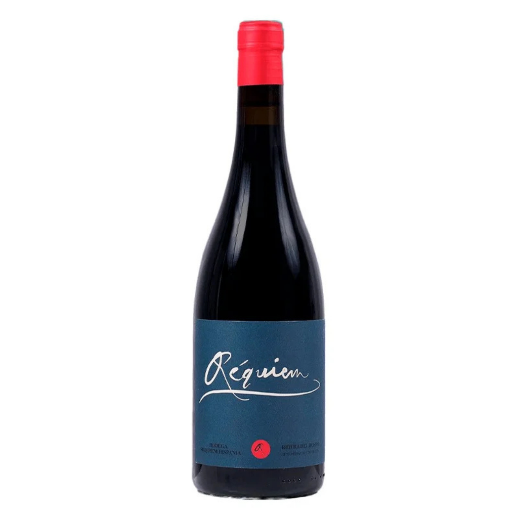 Garrafa do vinho tinto espanhol Requiem Tempranillo de Ribera del Duero em fundo branco, destacando o rótulo minimalista.